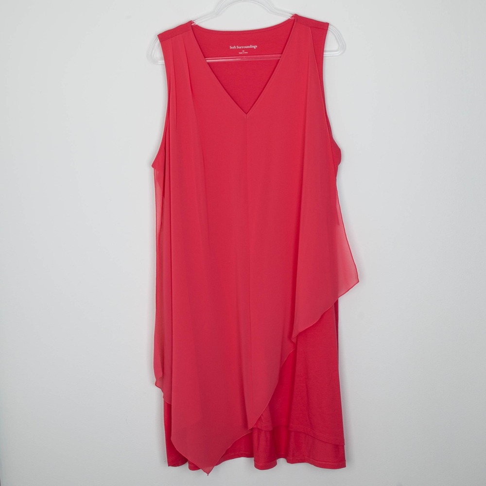NWT Soft Surroundings Womens V Neck Sleeveless Layered Chiffon Dress 1X Pink‎